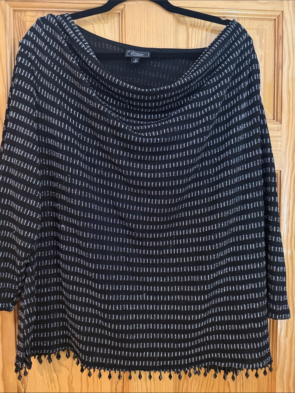 Dress Barn Black and Gray Striped Cowlneck Tassel-Hem Sweater